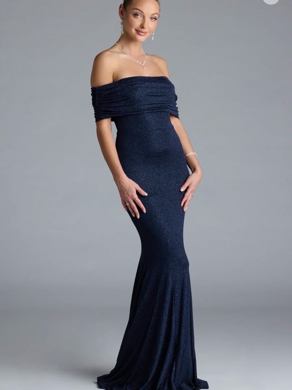 Windsor Off-Shoulder Sparkle Navy Gown